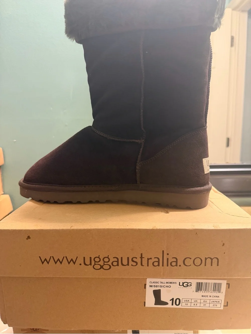 Classic Short Boot in Dark Brown with Gray Fur Trim